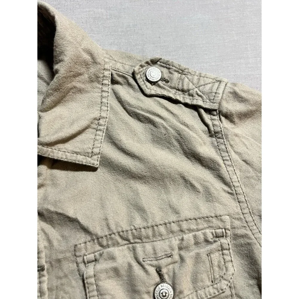 True Religion Chamois Button Up Shirt‎ Men's Medium Beige Snap Long Sleeve.